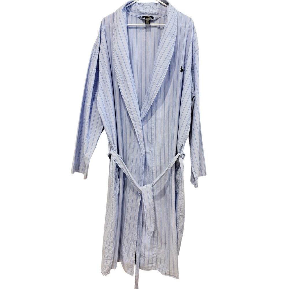 Polo Ralph Lauren Robe Men L/XL Blue Striped Cotton Sleepwear Loungewear - Picture 3 of 13